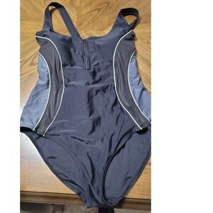 Athletech Womens Black Colorblock Zip Front One Piece Swimsuit Size 16 Racerback